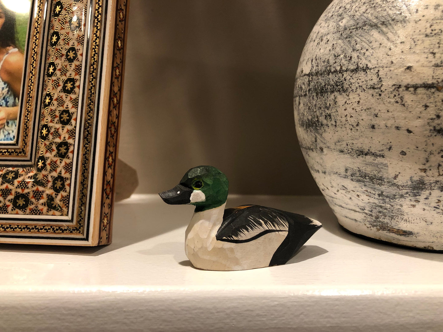 Goldeneye Duck Handmade Wood Figurine Art Decoy Carved Bird Decoration Drake Male Small Animal Collectible Miniature