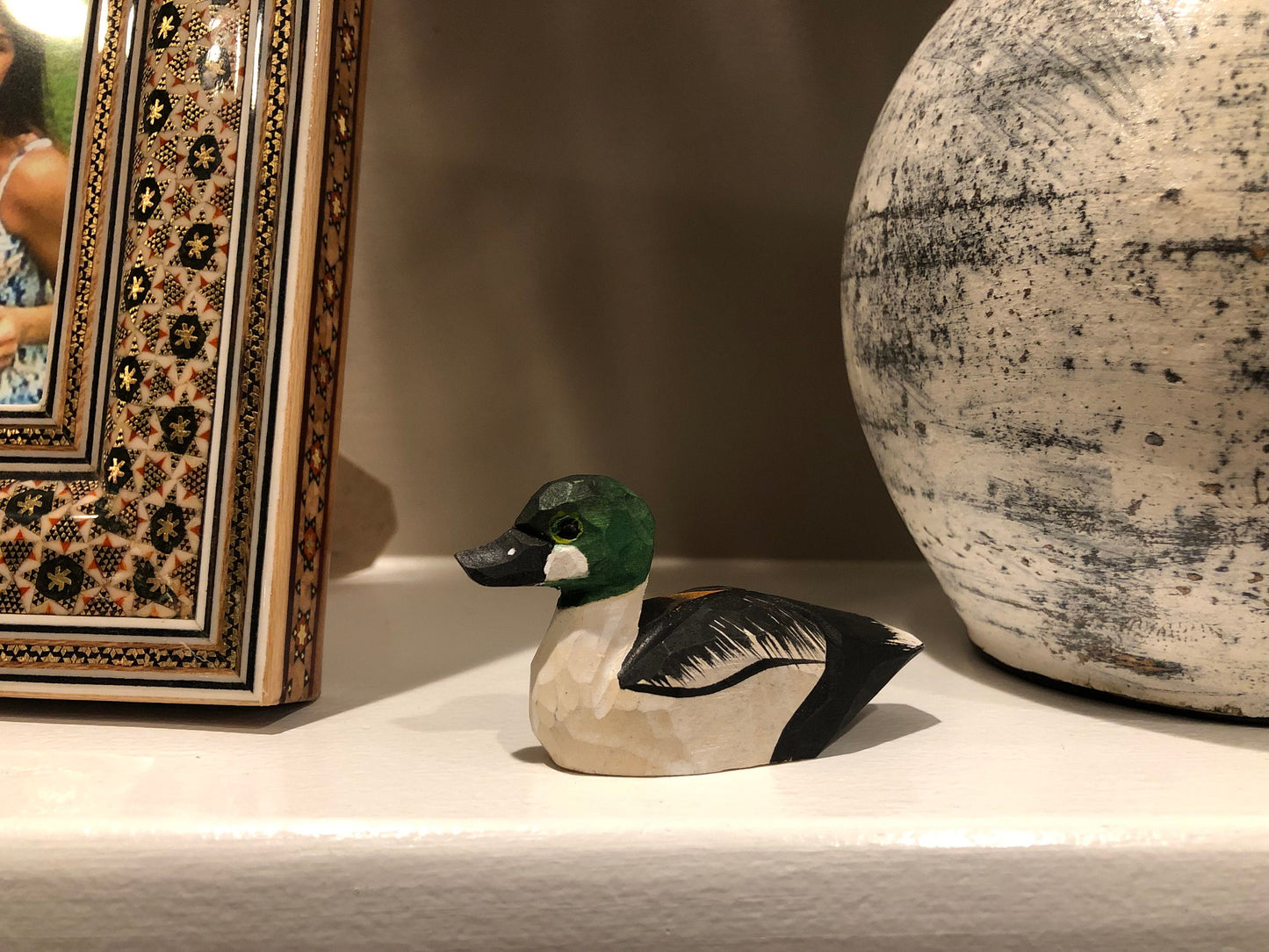 Handmade Wooden Goldeneye Duck Ornament: Small Hanging Carved Figurine