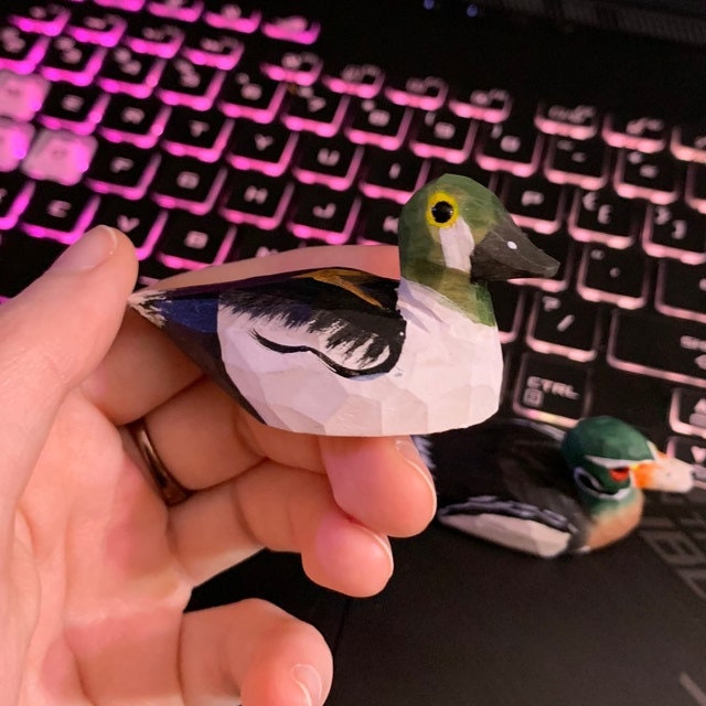 Handmade Wooden Goldeneye Duck Ornament: Small Hanging Carved Figurine
