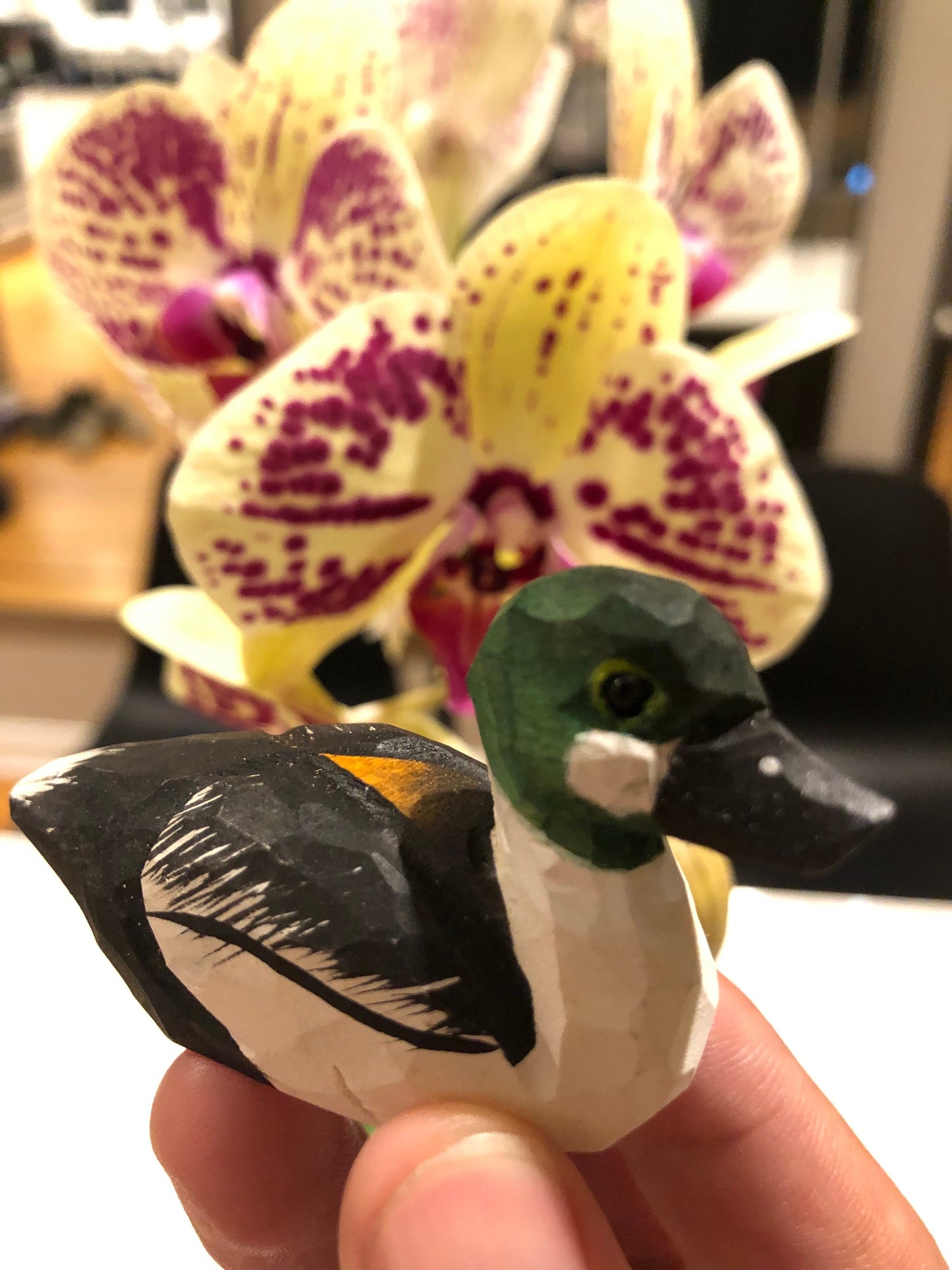 Handmade Wooden Goldeneye Duck Ornament: Small Hanging Carved Figurine