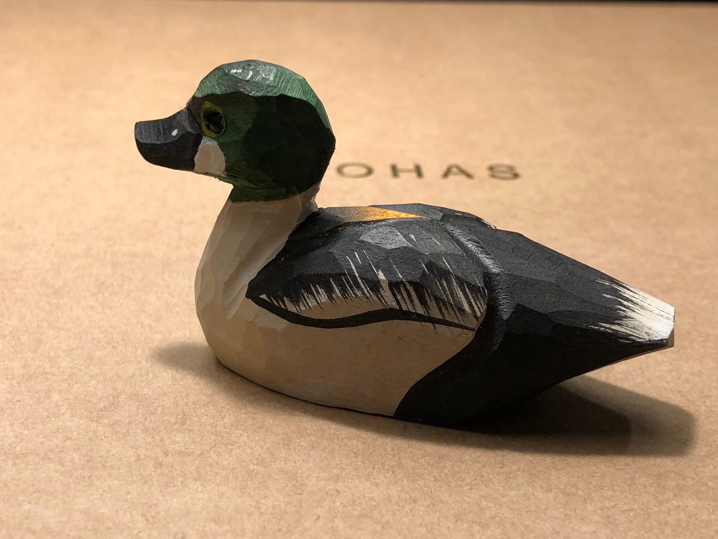 Handmade Wooden Goldeneye Duck Ornament: Small Hanging Carved Figurine
