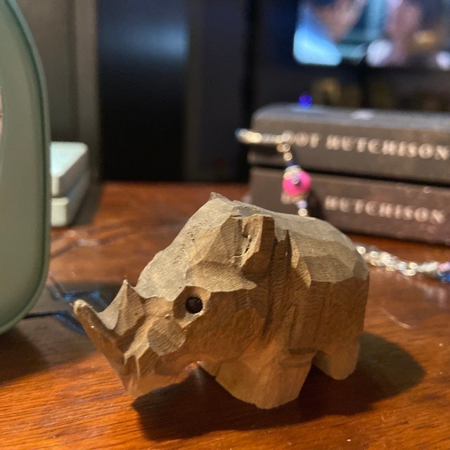 Rhino Handmade Wood Figurine Ornament Animal Statue Decoration Carving Miniature Small Gift Horned Sculpture