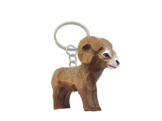 Big Horn Ram Handmade Keychain Ring Hook Clip Charm Miniature Wood Figurine Small Animal