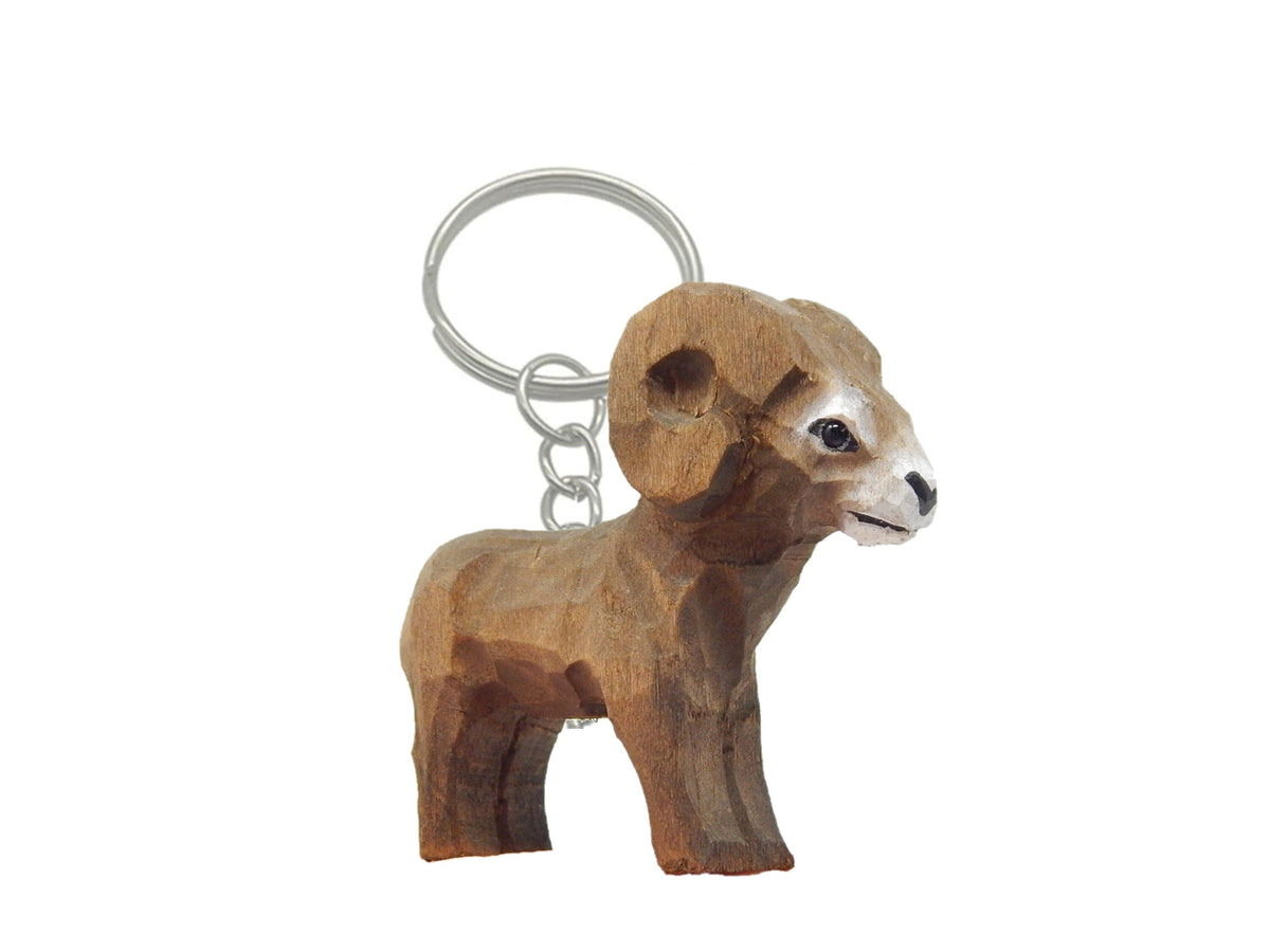 Hand-Carved Wooden Big Horn Ram Keychain – Ring Hook Clip Charm