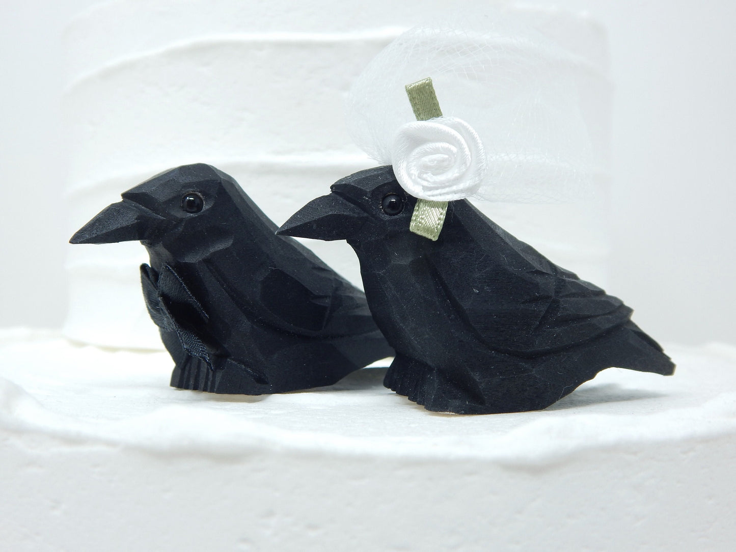 Raven Crow Black Birds Cake Topper Bride & Groom Wedding Engagement Anniversary Carved Wood Statue