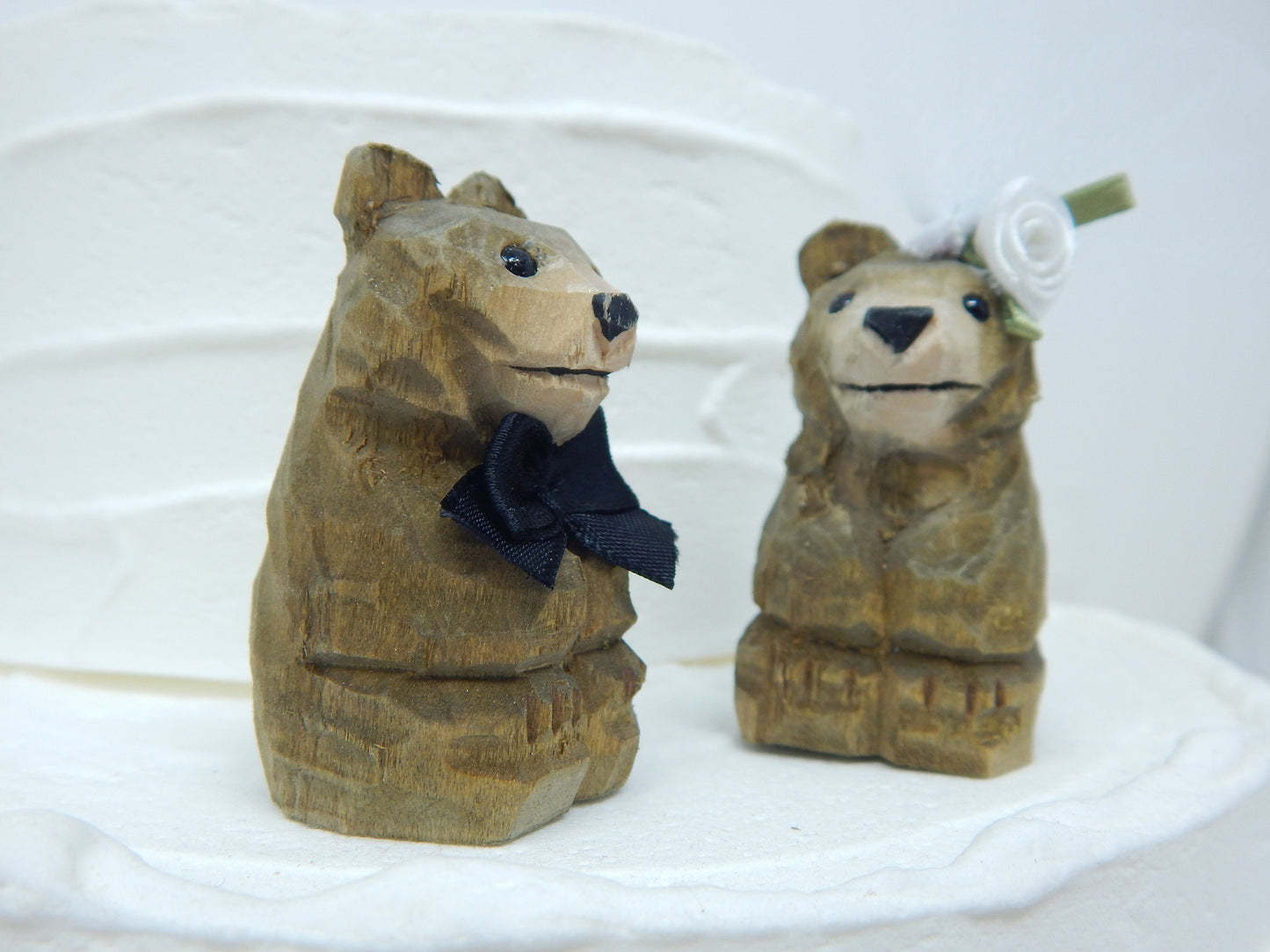 Brown Bear Cake Topper Bride & Groom Love Wedding Engagement Anniversary Carved Wood Statue