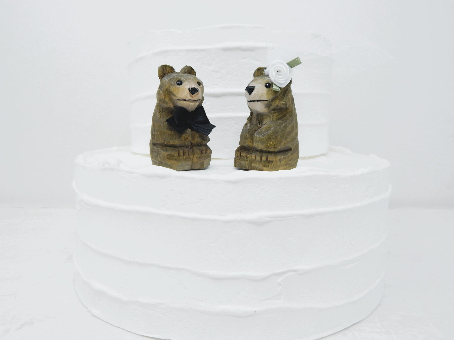 Brown Bear Cake Topper Bride & Groom Love Wedding Engagement Anniversary Carved Wood Statue