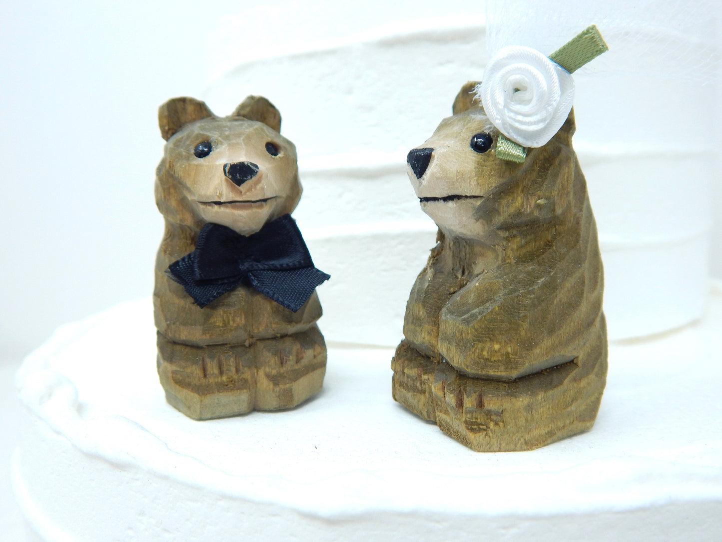 Brown Bear Cake Topper Bride & Groom Love Wedding Engagement Anniversary Carved Wood Statue