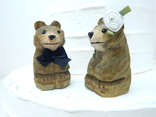 Brown Bear Cake Topper Bride & Groom Love Wedding Engagement Anniversary Carved Wood Statue