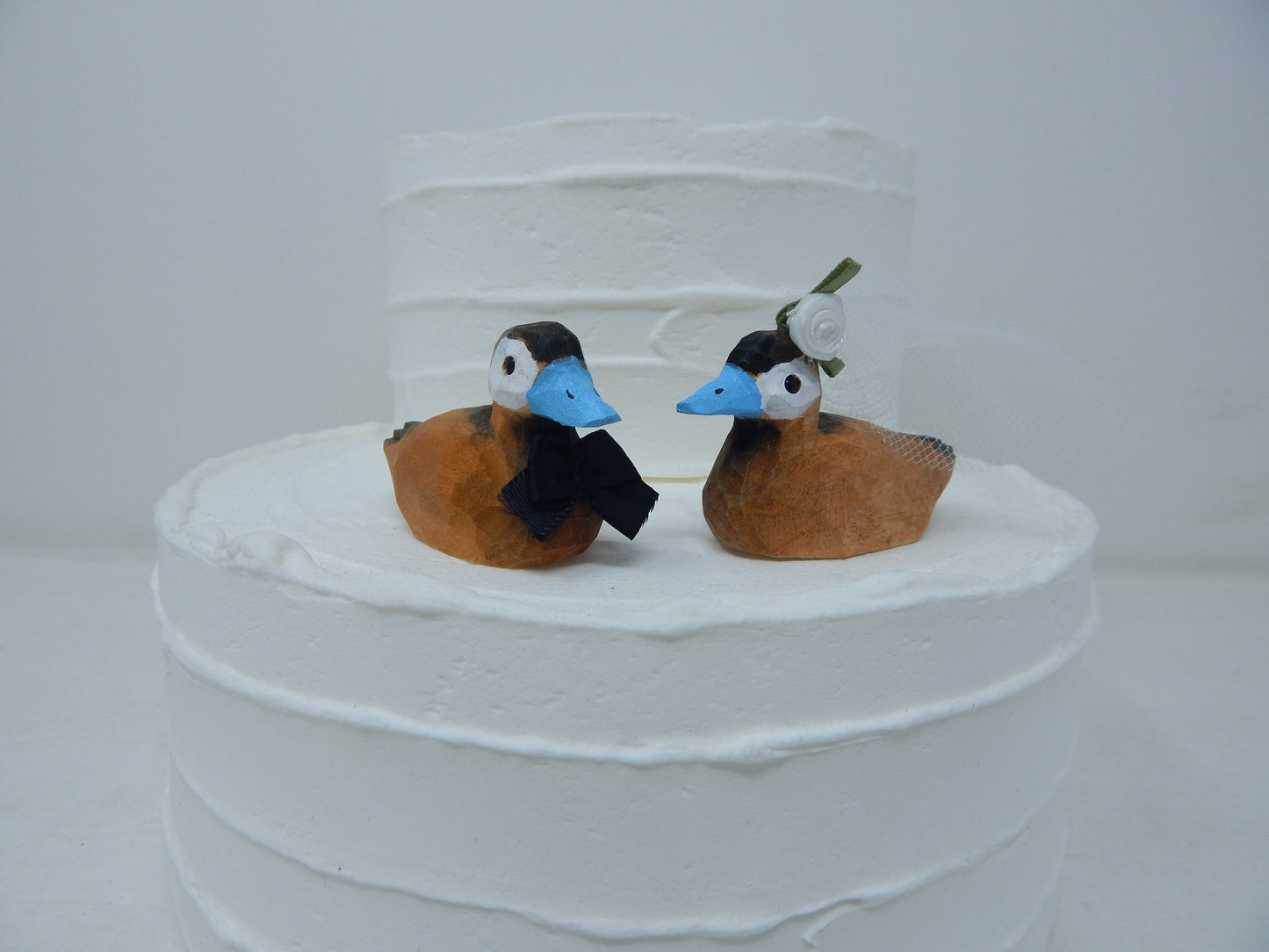 Ruddy Duck Love Birds Cake Topper Bride & Groom Wedding Engagement Anniversary Carved Wood Statue