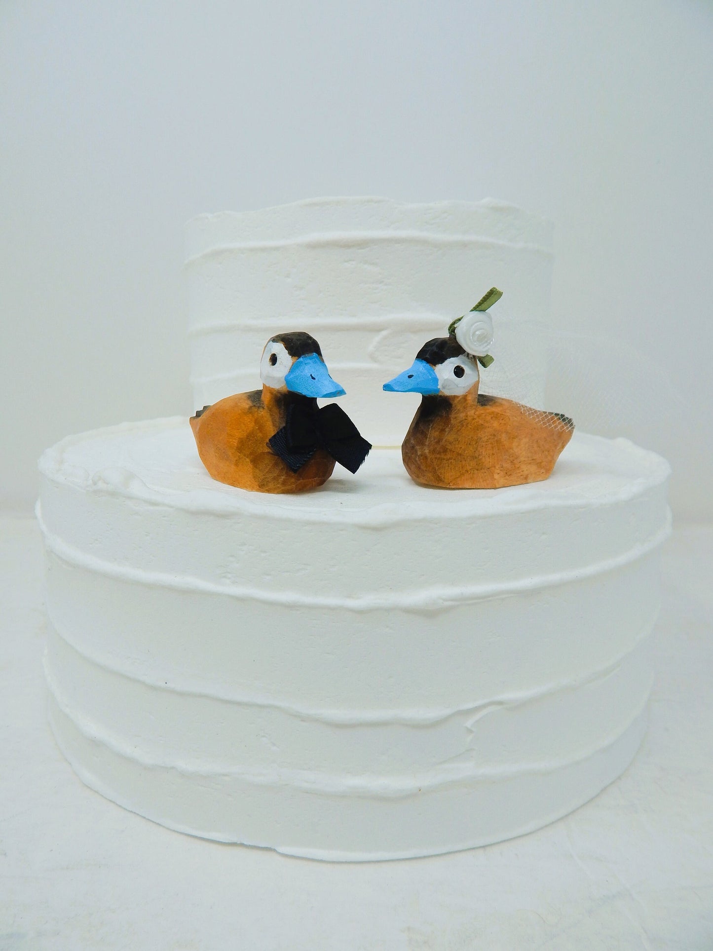 Ruddy Duck Love Birds Cake Topper Bride & Groom Wedding Engagement Anniversary Carved Wood Statue