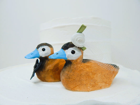 Ruddy Duck Love Birds Cake Topper Bride & Groom Wedding Engagement Anniversary Carved Wood Statue