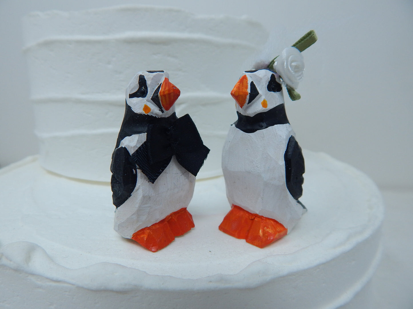 Puffin Wedding Cake Topper Love Birds Bride Groom Engagement Anniversary Carved Wood Statue