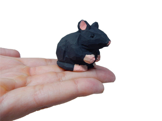 Black Mouse - Wood Figurine Field House Rat Pet Mice Miniature Handmade Critter Rodent Art Carved Small Animals Collectible