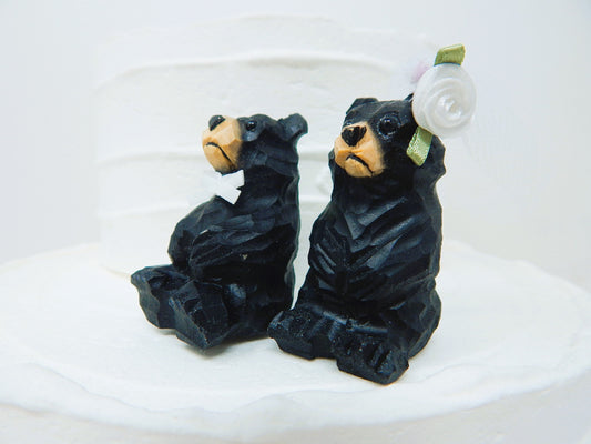 Black Bear Cake Topper Bride & Groom Love Wedding Engagement Anniversary Carved Wood Statue