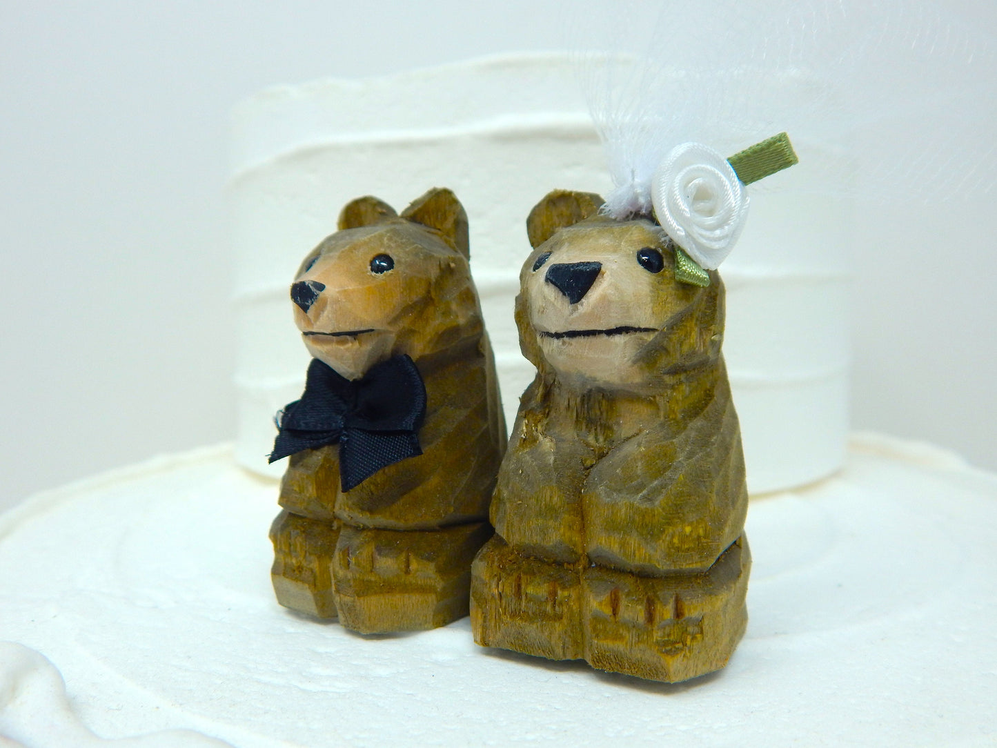 Brown Bear Cake Topper Bride & Groom Love Wedding Engagement Anniversary Carved Wood Statue