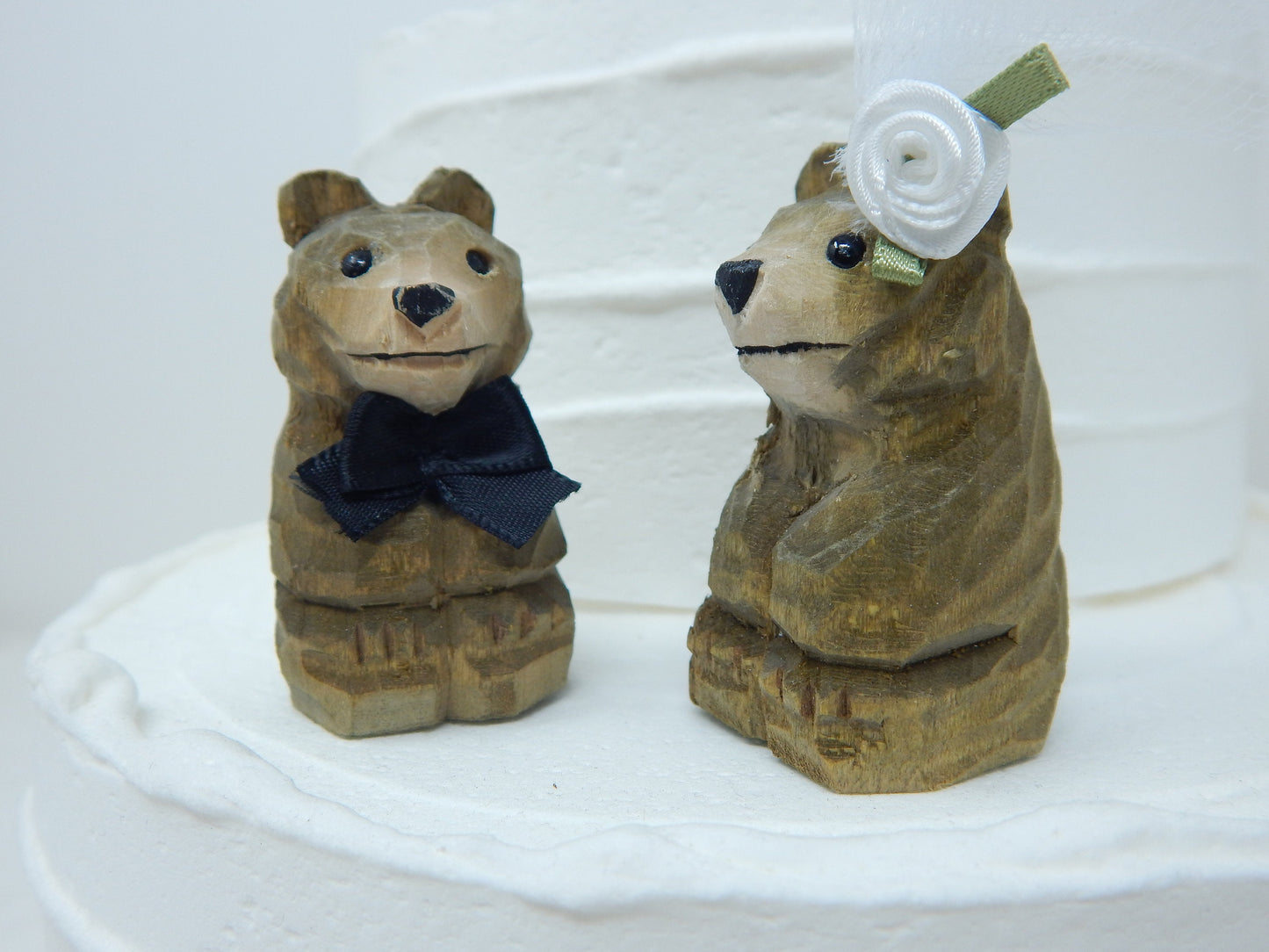 Brown Bear Cake Topper Bride & Groom Love Wedding Engagement Anniversary Carved Wood Statue