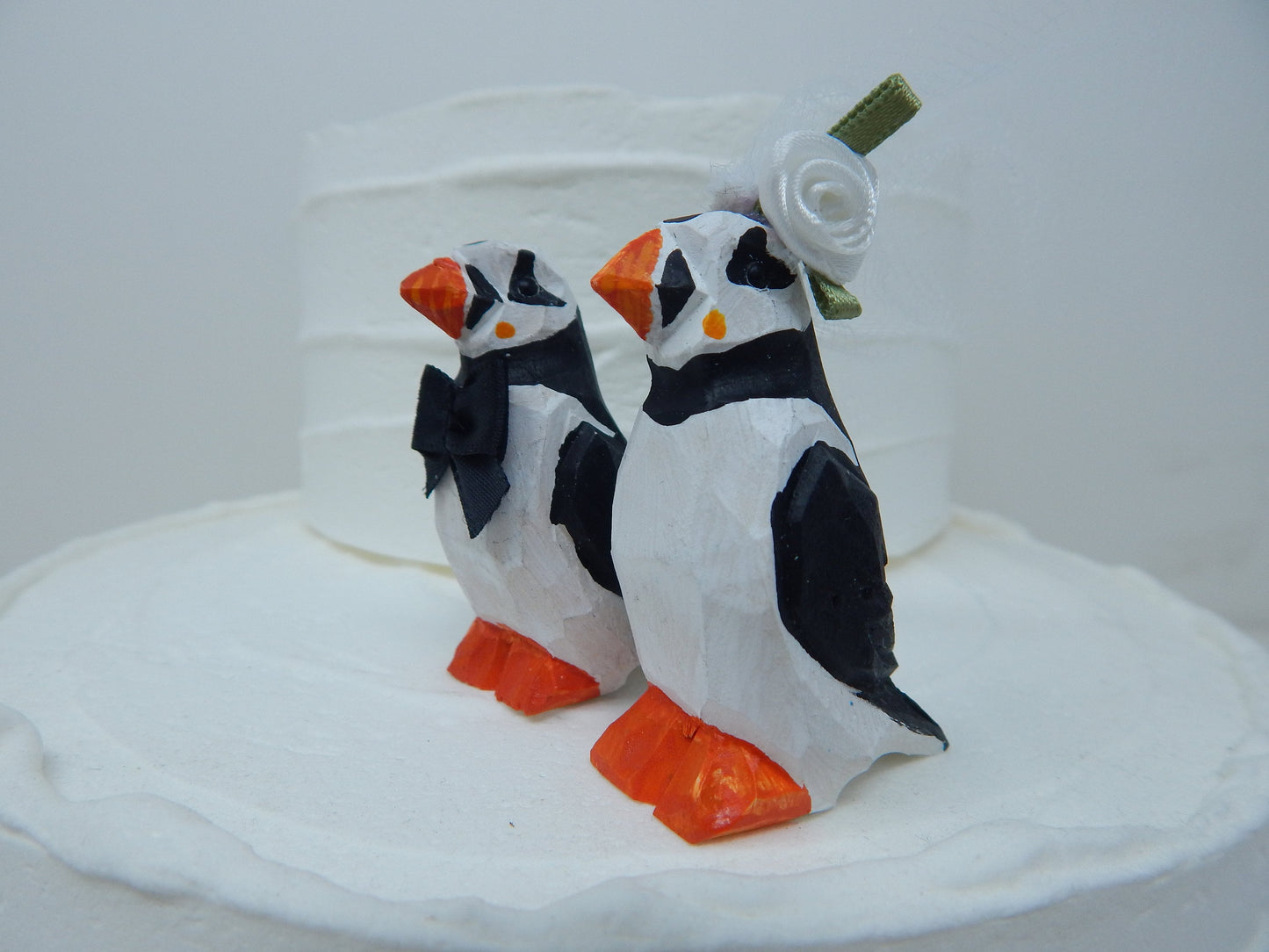 Puffin Wedding Cake Topper Love Birds Bride Groom Engagement Anniversary Carved Wood Statue