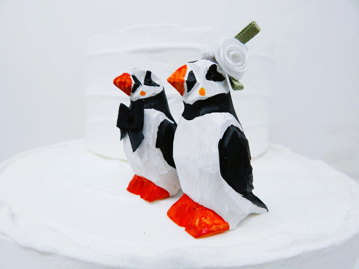 Puffin Wedding Cake Topper Love Birds Bride Groom Engagement Anniversary Carved Wood Statue