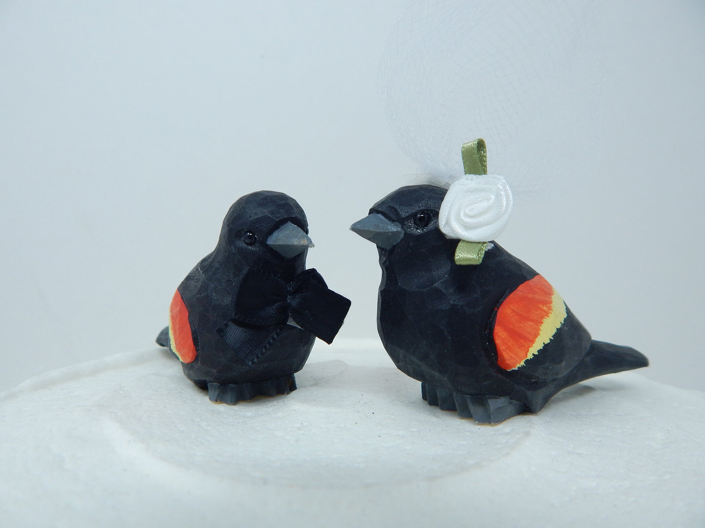 Red-Winged Blackbird Wedding Cake Topper Love Birds Bride Groom Engagement Anniversary Carved Wood Statue
