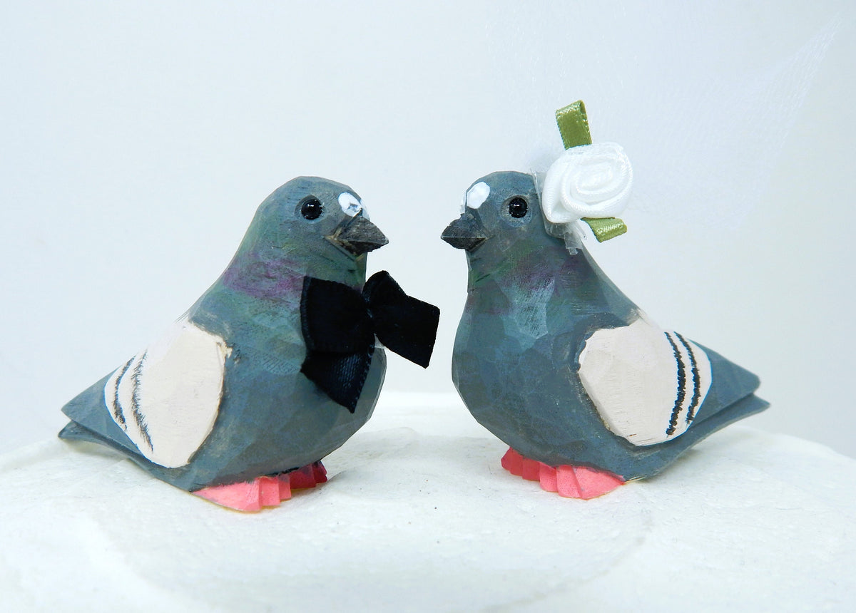 Pigeon Wooden Figurine Set | Hand Carved Love Birds Cake Topper, Rustic Decor