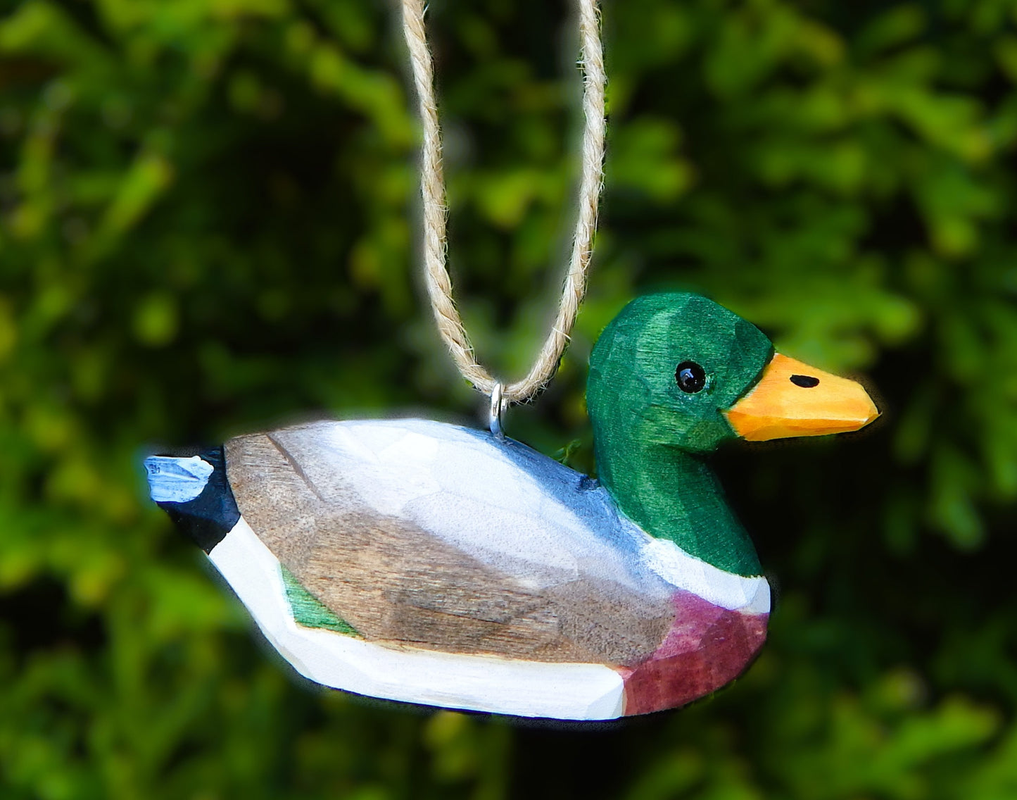 Hand-Carved Wooden Mallard Duck Ornament – Rustic Bird Holiday Decor