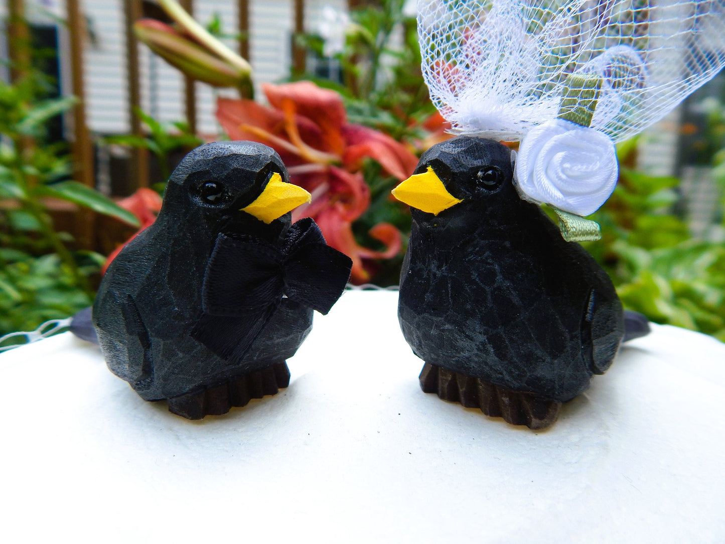 Blackbird Wedding Cake Topper Love Birds Bride Groom Engagement Anniversary Carved Wood Statue