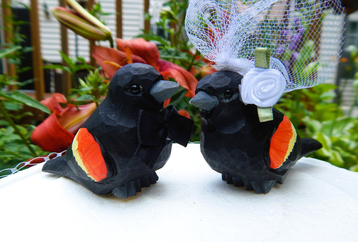 Red-Winged Blackbird Wedding Cake Topper Love Birds Bride Groom Engagement Anniversary Carved Wood Statue