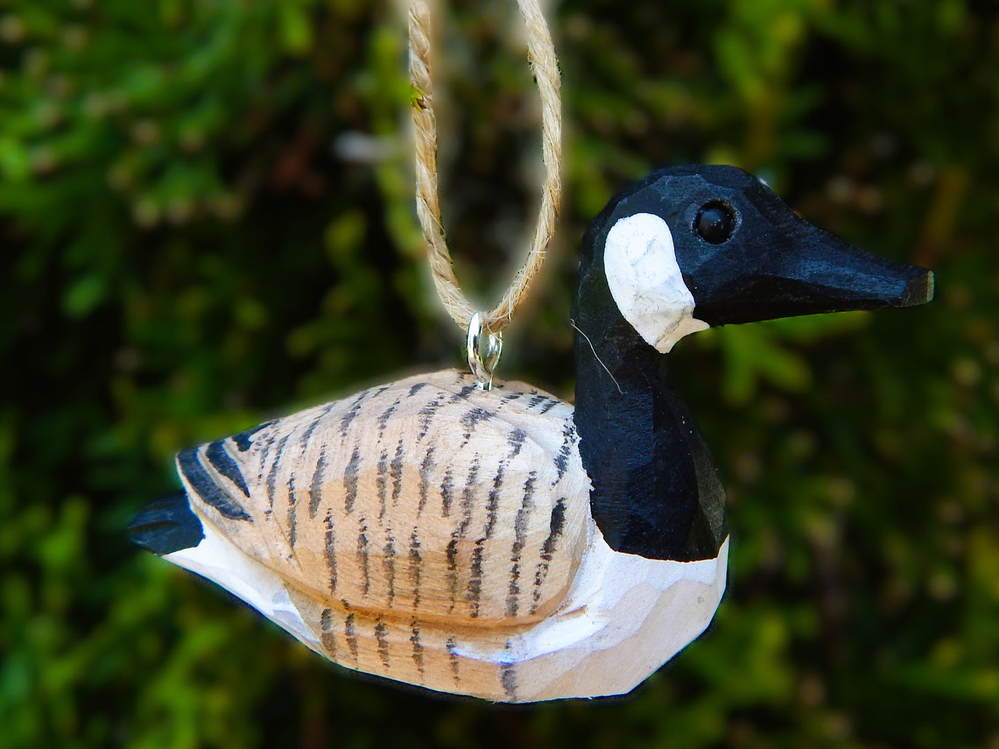 Hand-Carved Canada Goose Ornament: Miniature Wooden Hanging Bird Figurine Decor