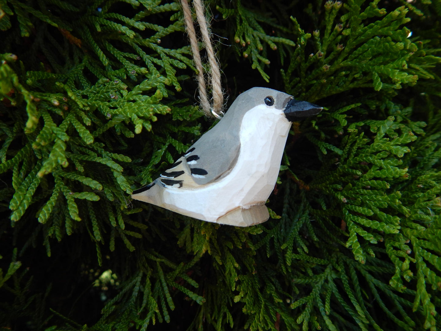Hand-Carved Wooden Mockingbird Ornament – Hanging Bird Holiday Decor
