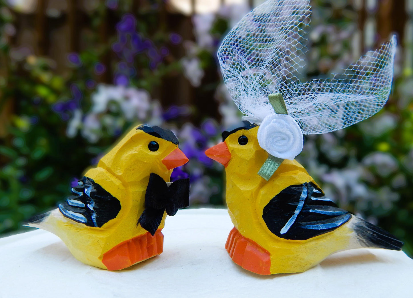 Goldfinch Wedding Cake Topper Love Birds Finch Bride Groom Engagement Anniversary Carved Wood Statue