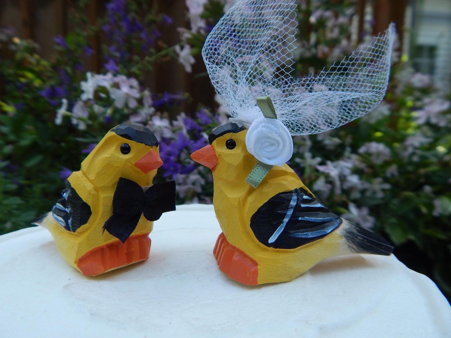 Goldfinch Wedding Cake Topper Love Birds Finch Bride Groom Engagement Anniversary Carved Wood Statue