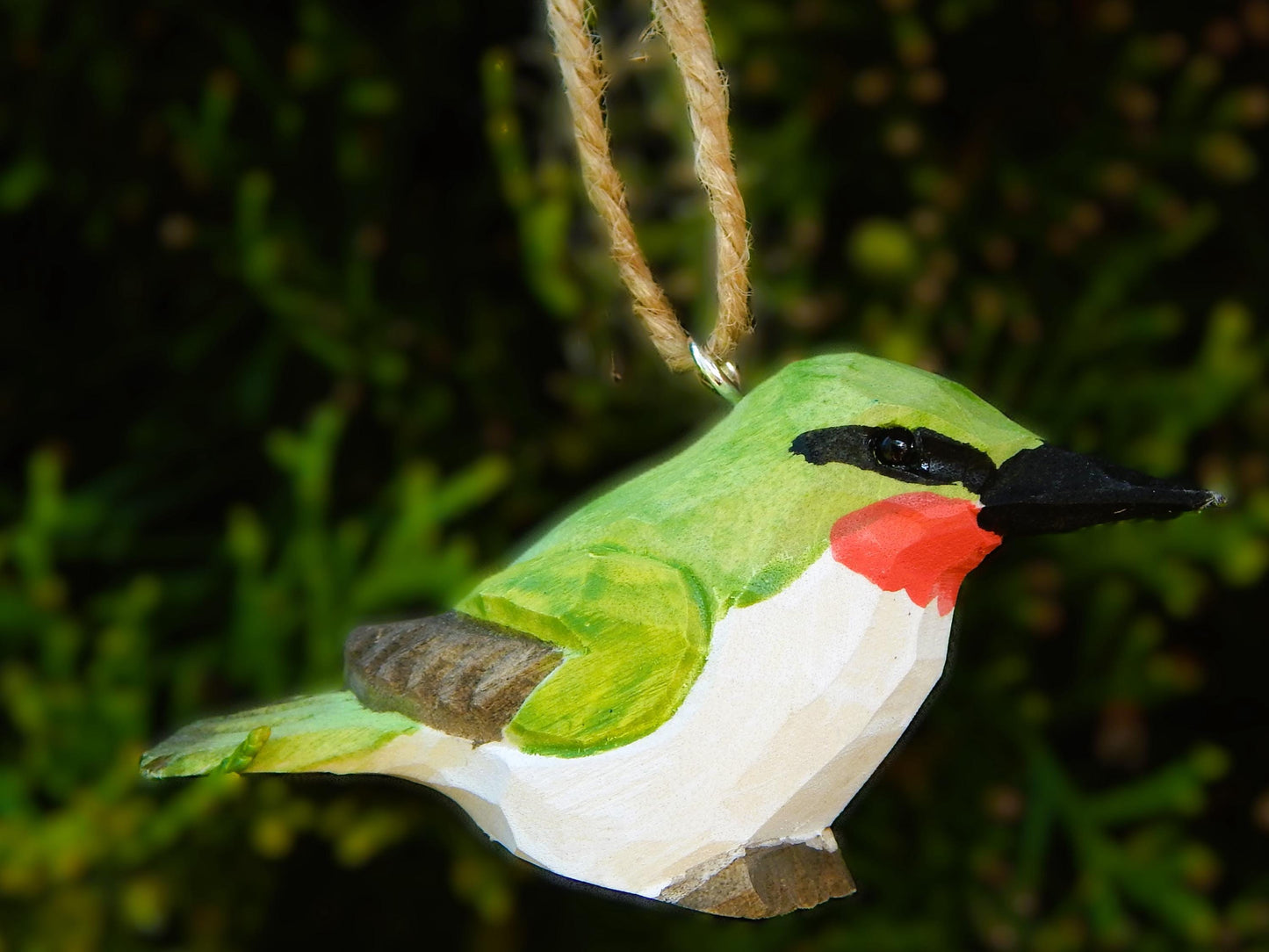 Hand-Carved Wooden Hummingbird Ornament: Miniature Ruby-Throated Bird Hanging Decor