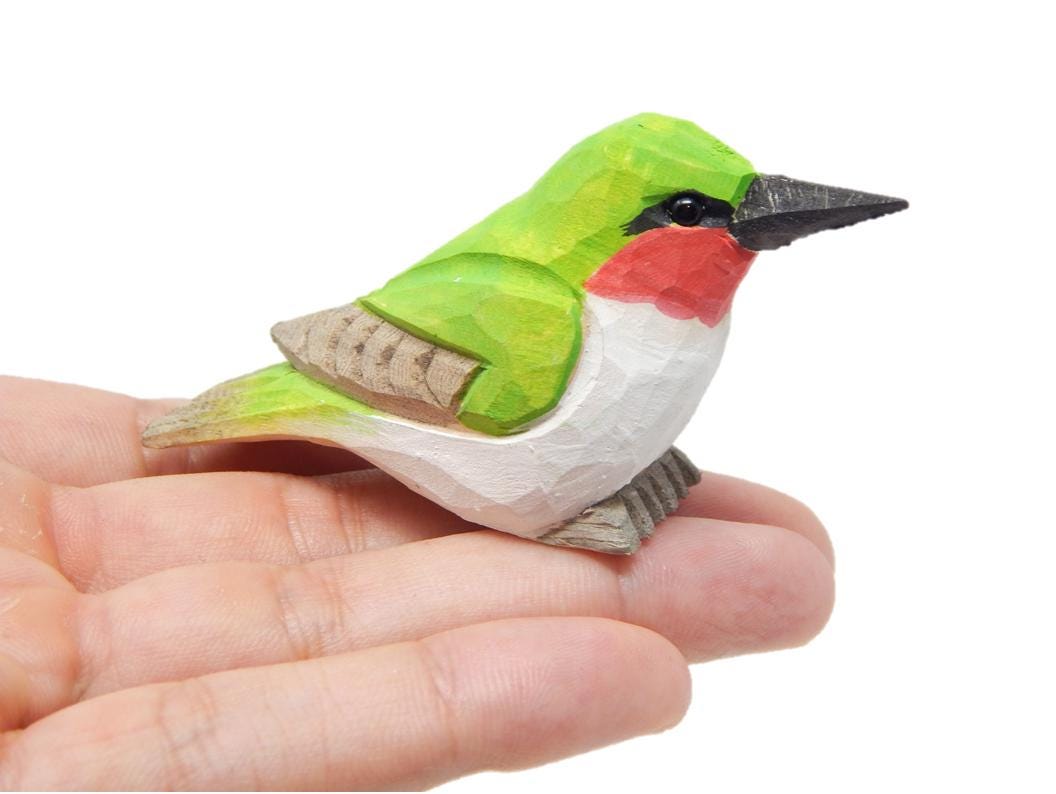 Hand-Carved Wooden Hummingbird Ornament: Miniature Ruby-Throated Bird Hanging Decor