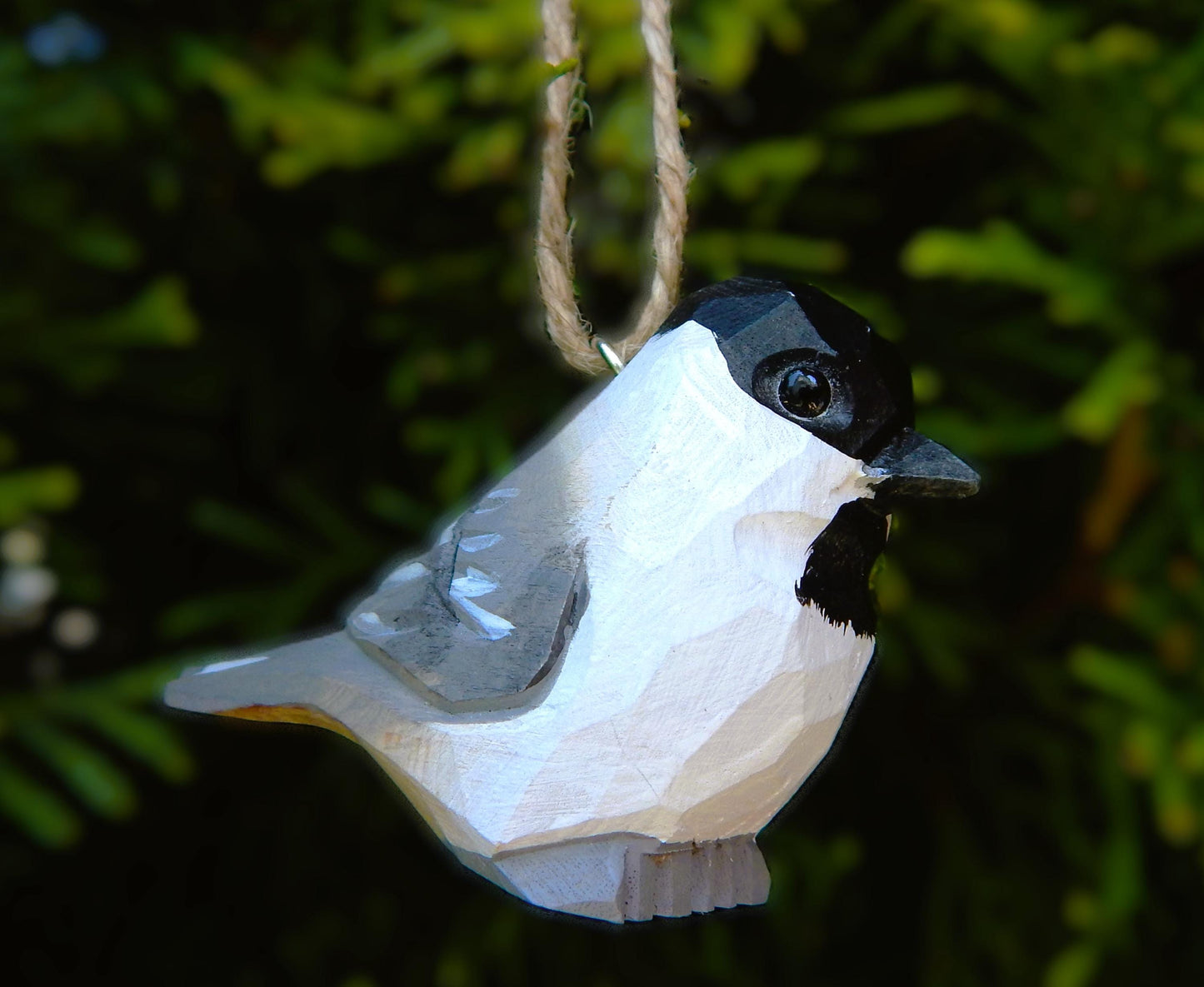 Hand-Carved Wooden Chickadee Ornament – Rustic Bird Hanging Decor