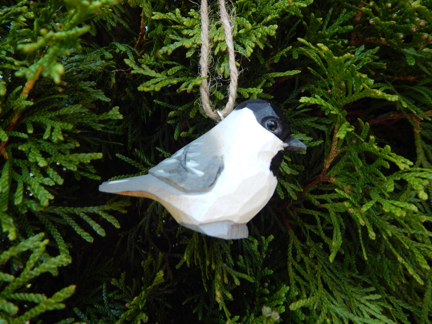 Hand-Carved Wooden Chickadee Ornament – Rustic Bird Hanging Decor