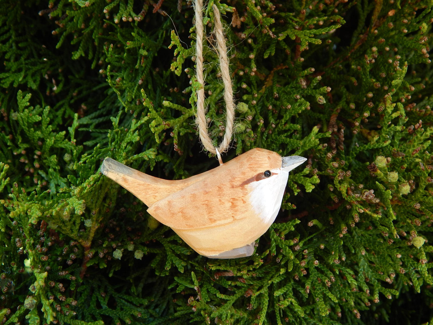 Carolina Wren Hand-Carved Wooden Ornament, Recycled Wood Bird Figurine, Miniature Art Craft