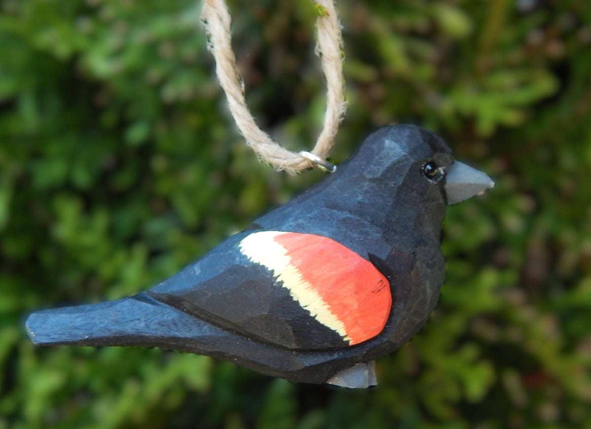 Red-Winged Blackbird Ornament Handmade Wooden Hanging Decor Bird Rustic Carving Figurine
