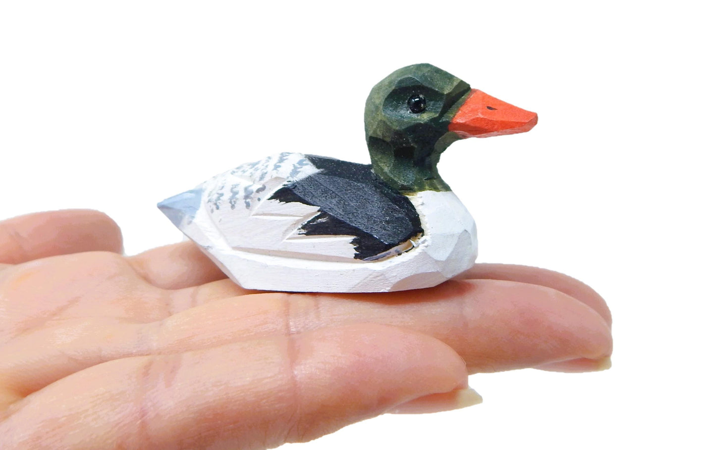Hand-Carved Wooden Merganser Duck Ornament: Miniature Bird Figurine Décor