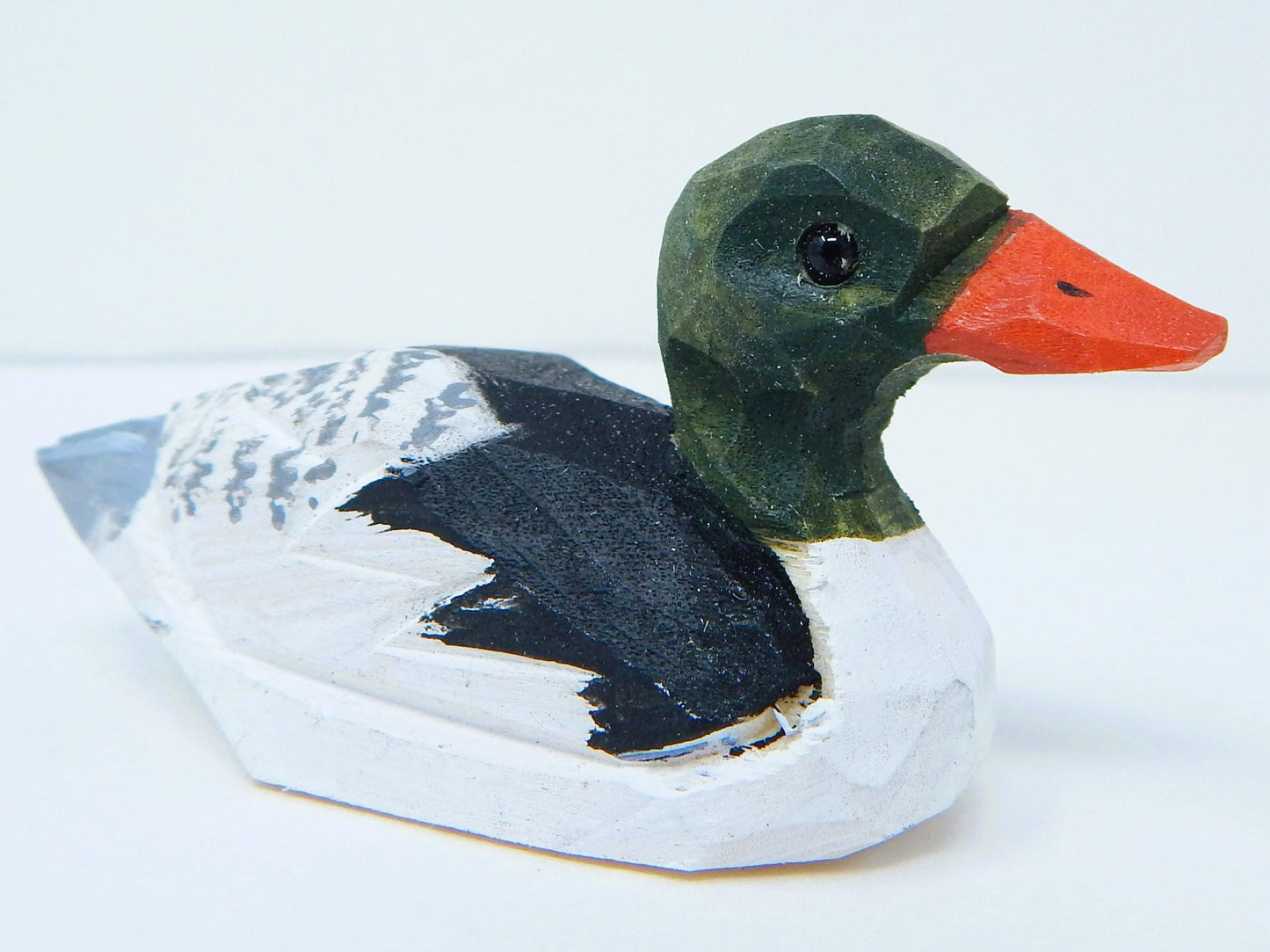 Hand-Carved Wooden Merganser Duck Ornament: Miniature Bird Figurine Décor