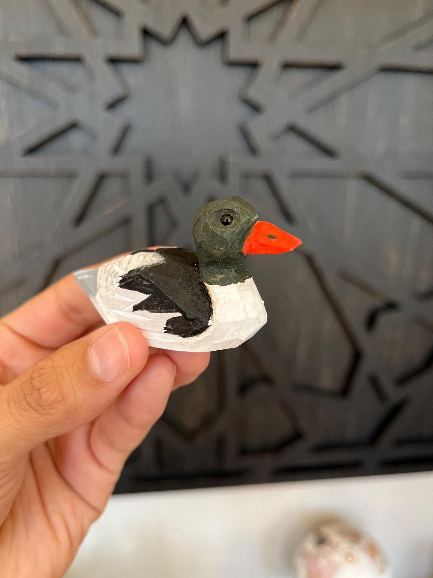 Hand-Carved Merganser Duck Wooden Figurine: Miniature Bird Décor