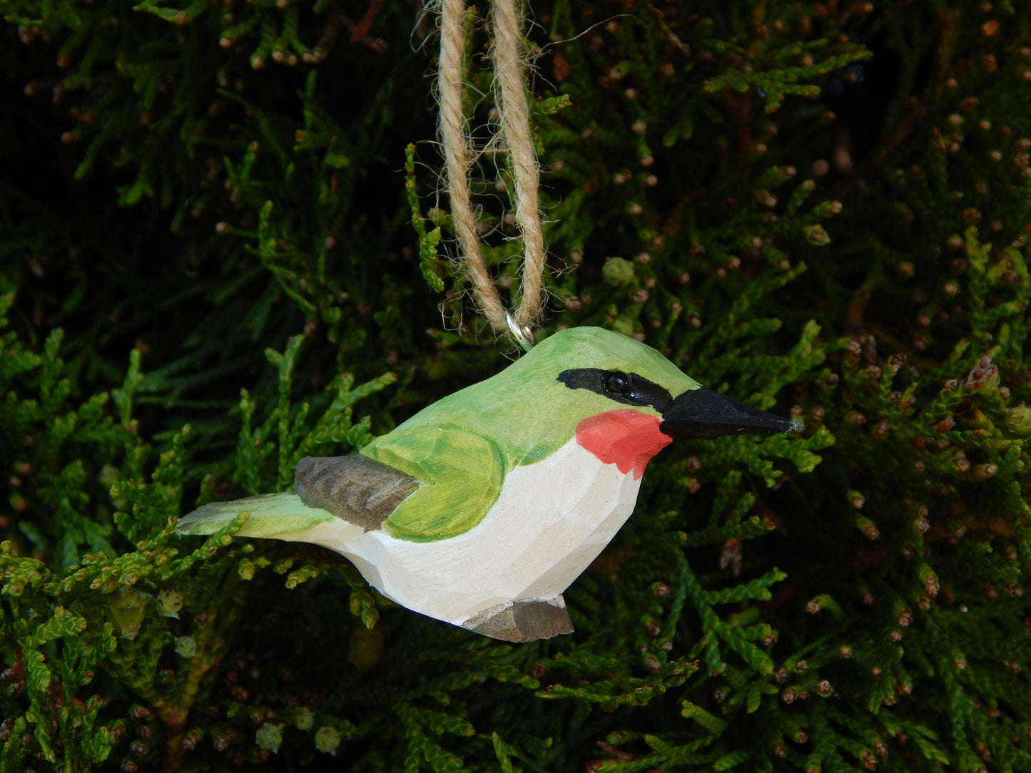 Hand-Carved Wooden Hummingbird Ornament: Miniature Ruby-Throated Bird Hanging Decor