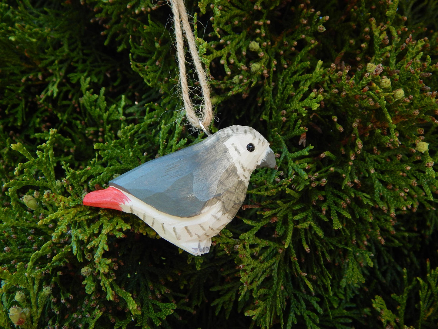 Hand-Carved African Grey Parrot Ornament - Handmade Rustic Hanging Decor