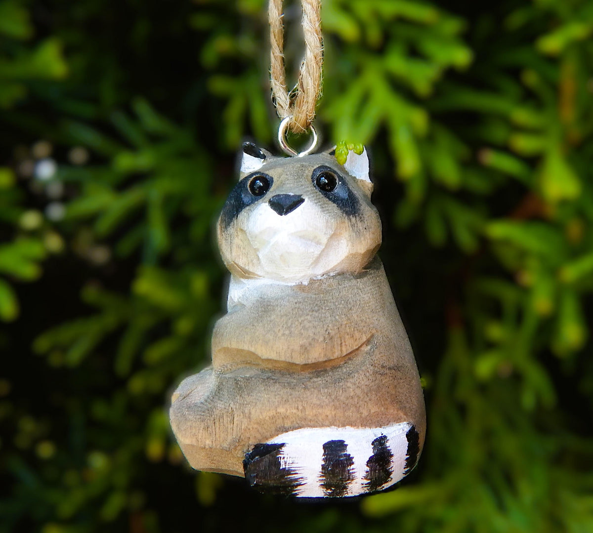 Raccoon Ornament Wood Hanging Figurine Holiday Decoration Handmade Carving Small Animal