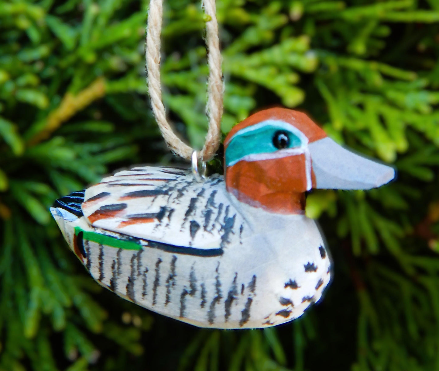 Eurasian Teal Duck Ornament Handmade Wooden Hanging Decor Decoy Bird Rustic Carving Figurine