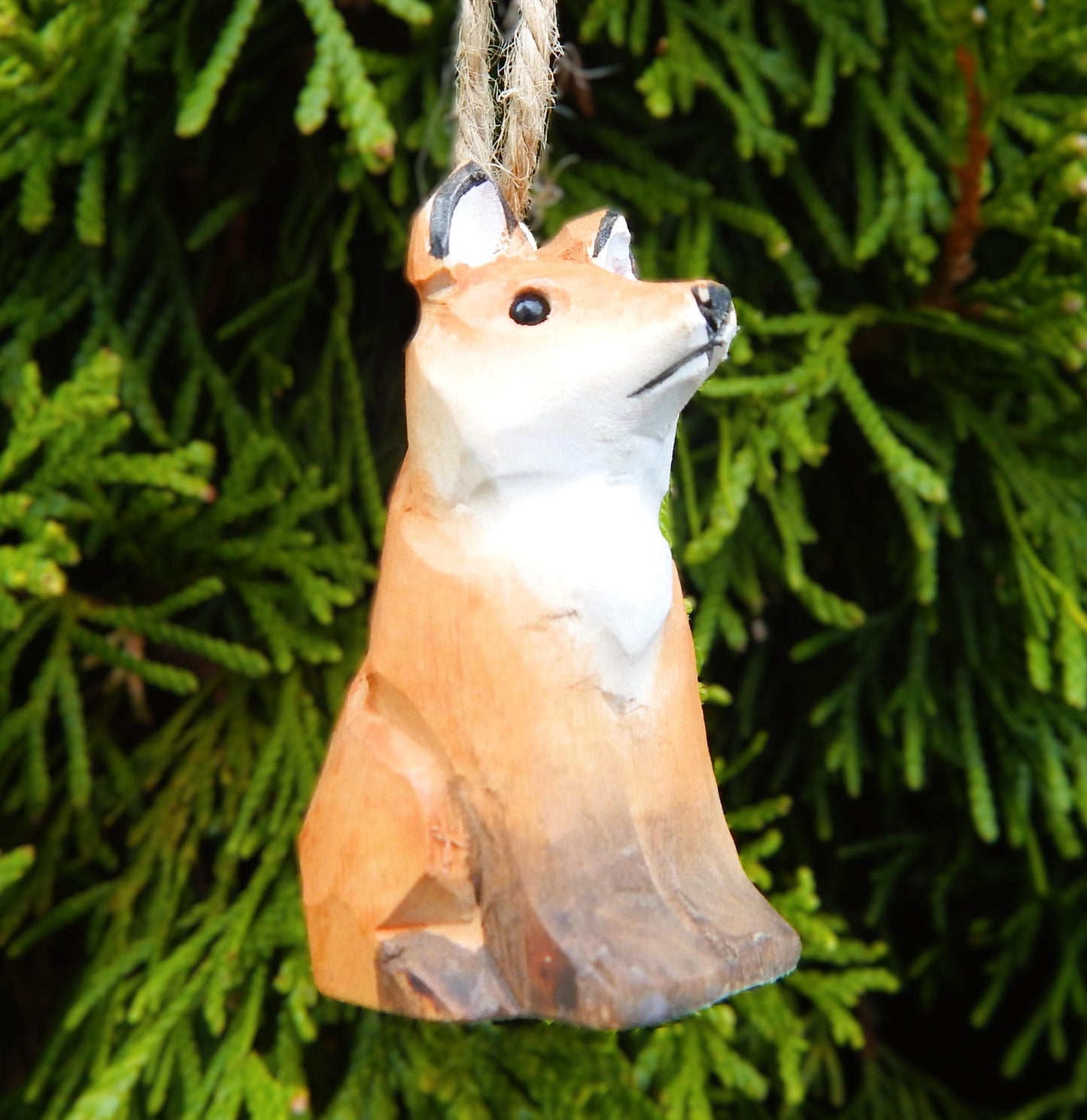 Fox Ornament Wood Hanging Figurine Holiday Cabin Decor Handmade Carving Small Animal