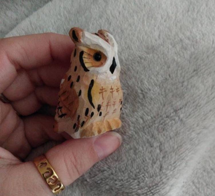 Horned Owl Ornament Hanging Hand-Carved Wooden Figurine: Miniature Rustic Bird Statue Folk Art