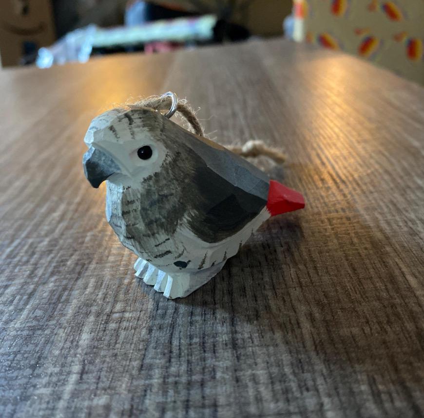 Hand-Carved African Grey Parrot Ornament - Handmade Rustic Hanging Decor