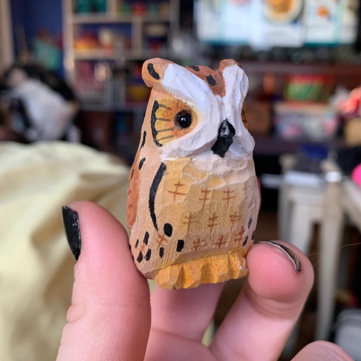 Horned Owl Ornament Hanging Hand-Carved Wooden Figurine: Miniature Rustic Bird Statue Folk Art