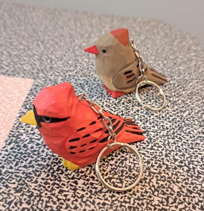 Hand-Carved Female Cardinal Keychain: Hook Clip Miniature Wooden Red Bird Figurine